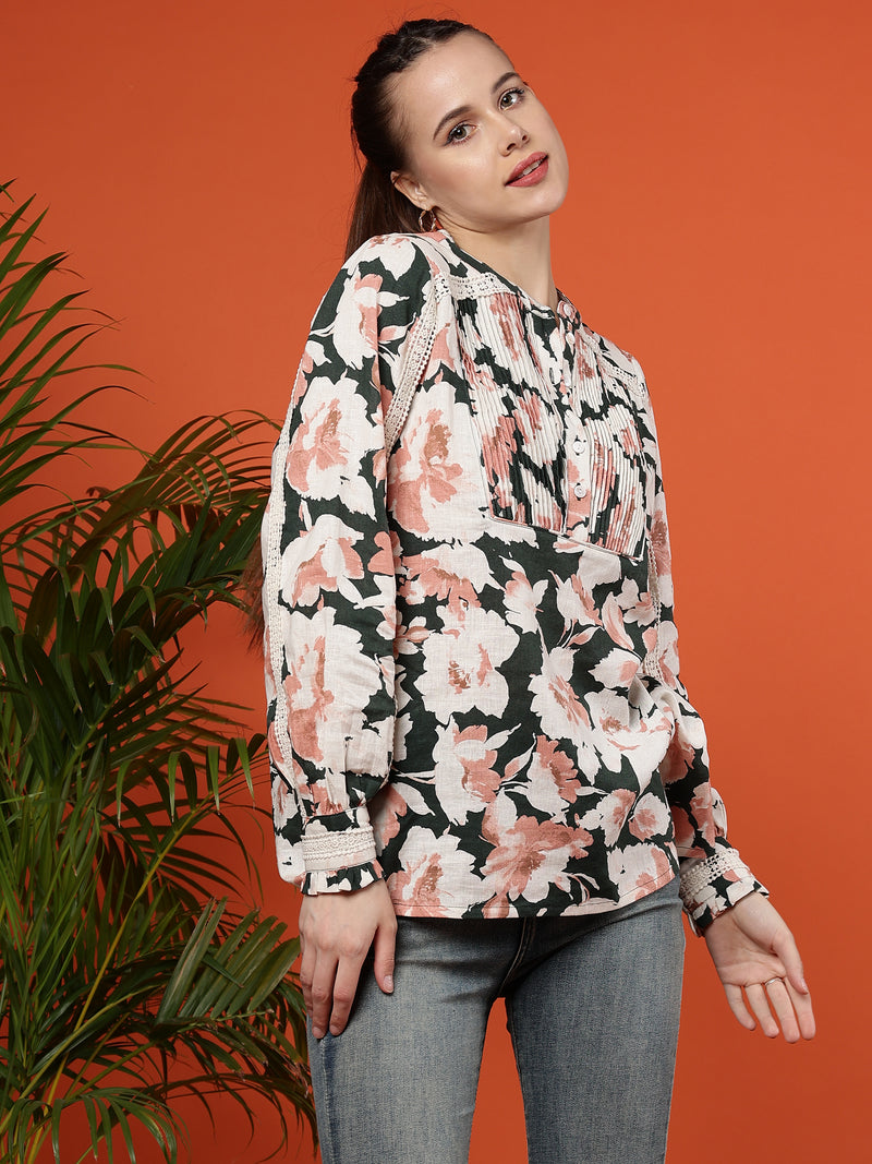 Floral Print Long Sleeves Cotton Willow Bloom Blouse - Coral