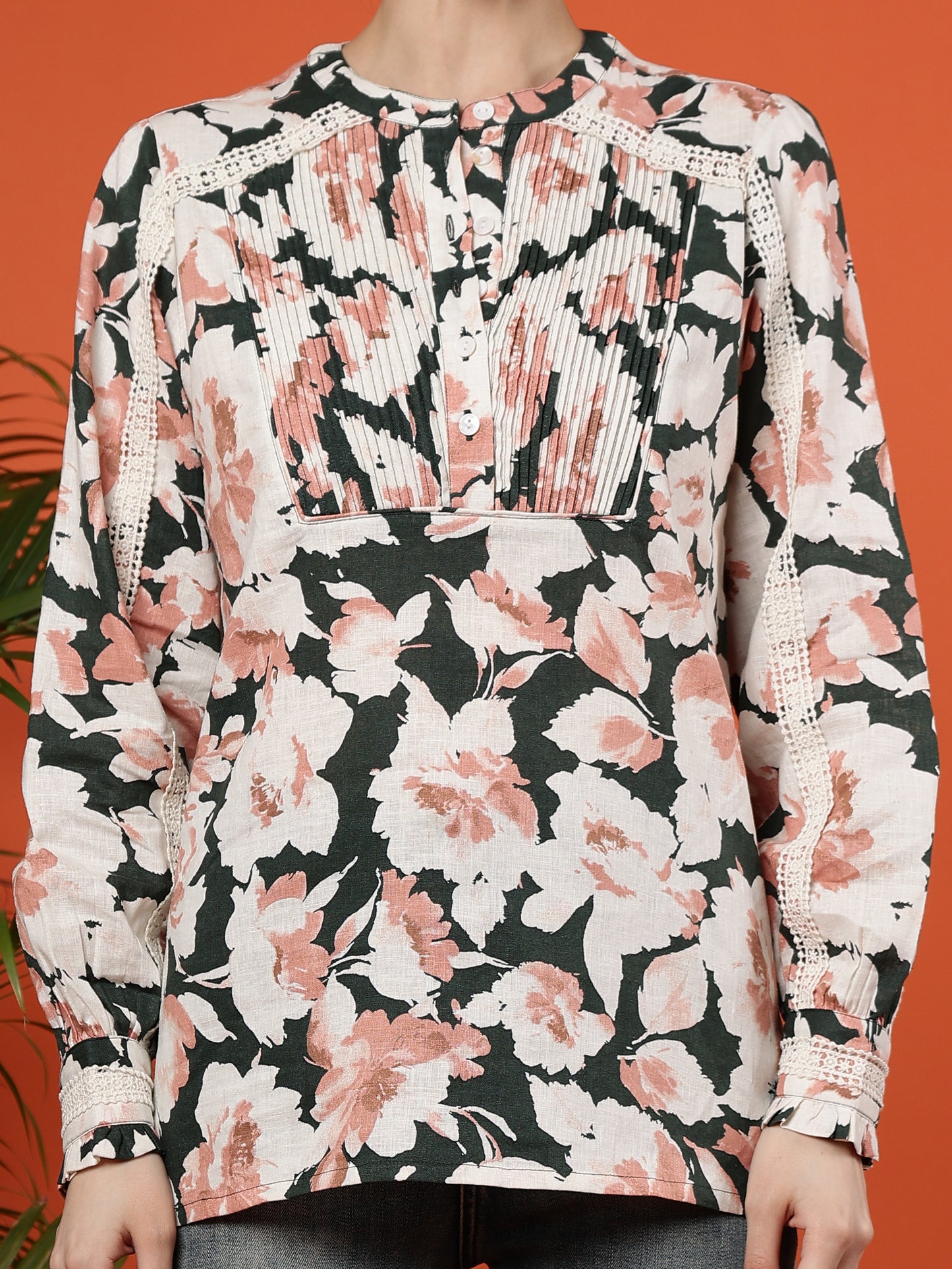 Floral Print Long Sleeves Cotton Willow Bloom Blouse - Coral
