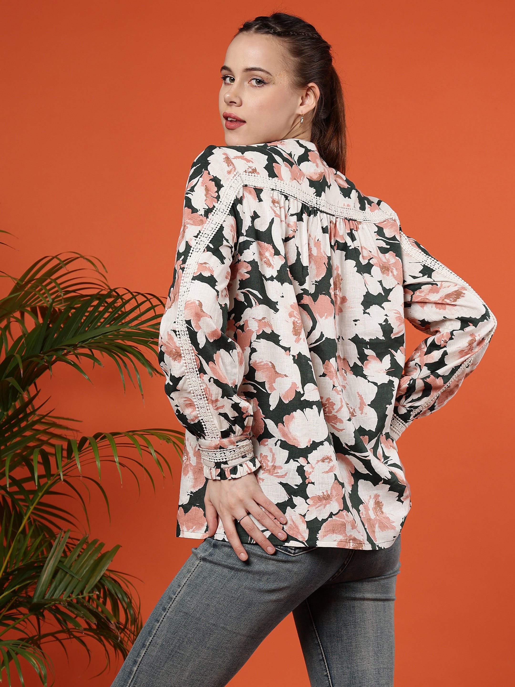 Floral Print Long Sleeves Cotton Willow Bloom Blouse - Coral