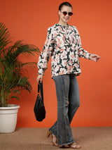 Floral Print Long Sleeves Cotton Willow Bloom Blouse - Coral