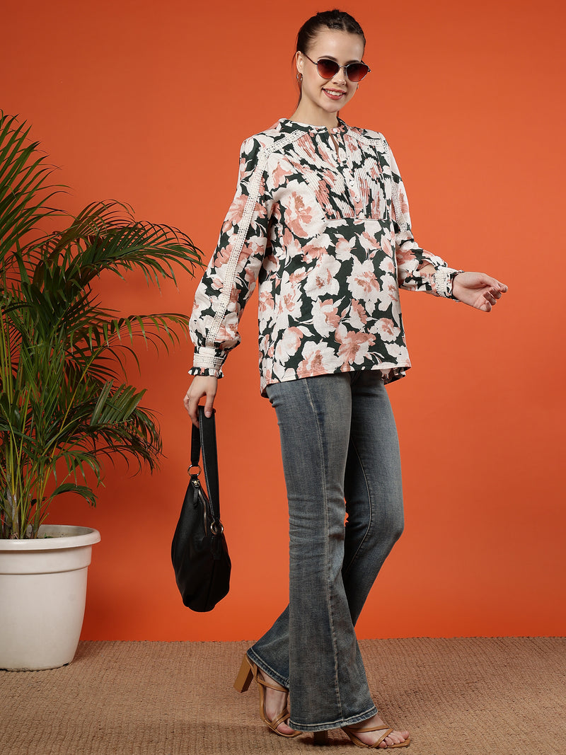 Floral Print Long Sleeves Cotton Willow Bloom Blouse - Coral