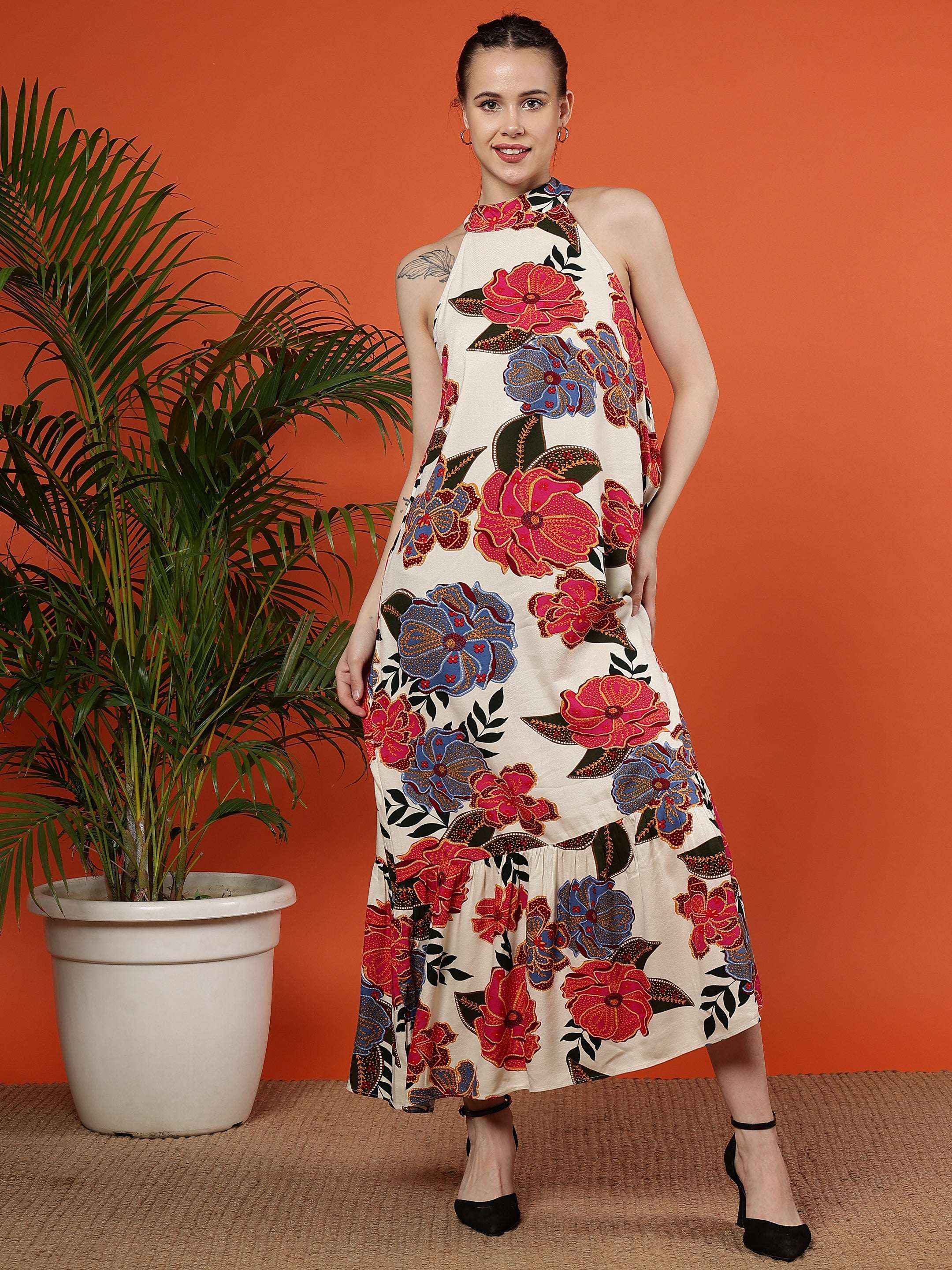 Birdsong Halter Maxi Dress in Fiesta Cream Floral Viscose