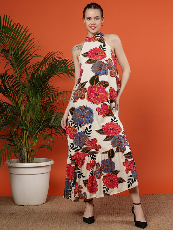 Floral Printed Halter Neck Maxi Viscose Dress Clothes