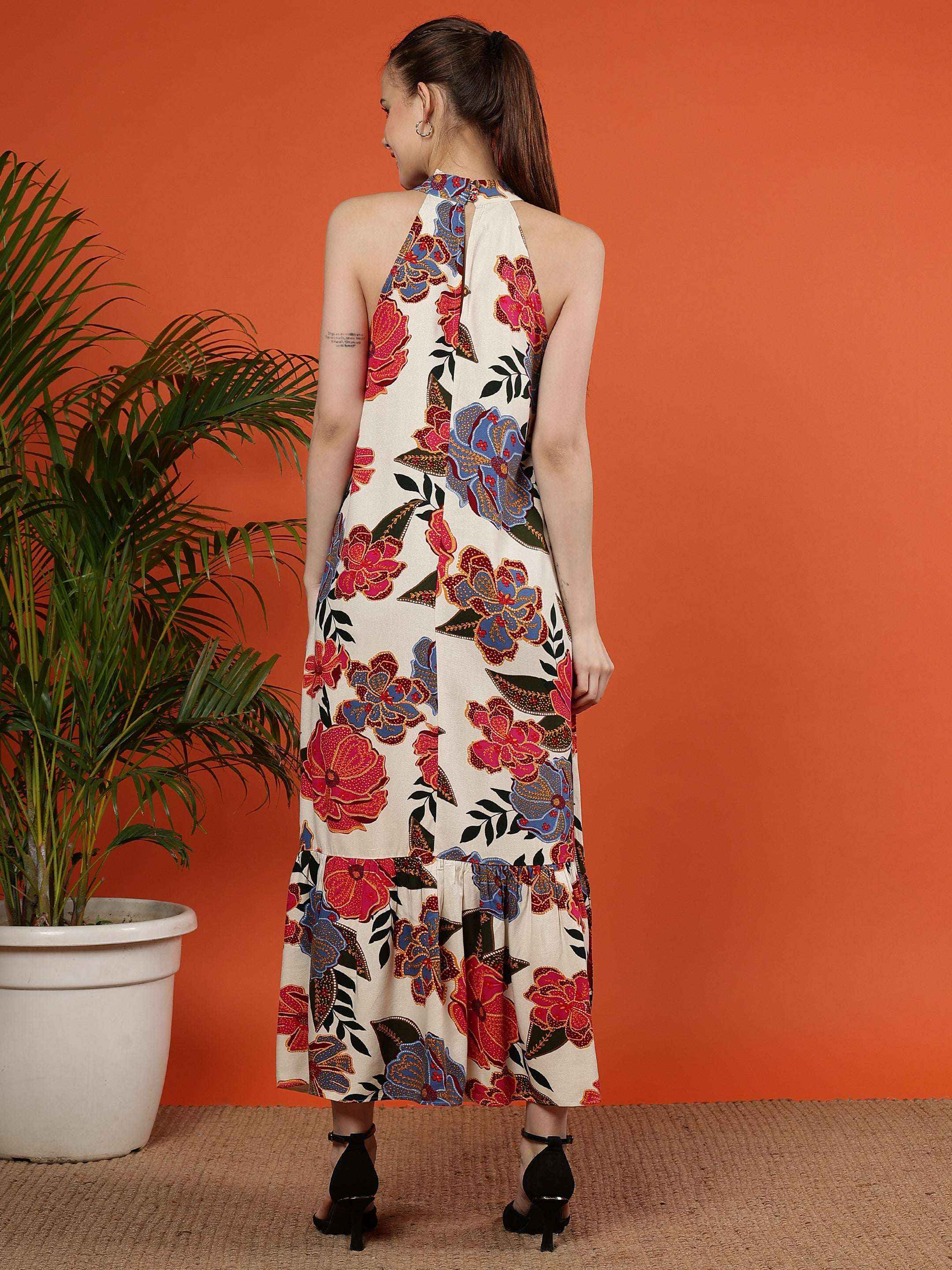 Birdsong Halter Maxi Dress in Fiesta Cream Floral Viscose