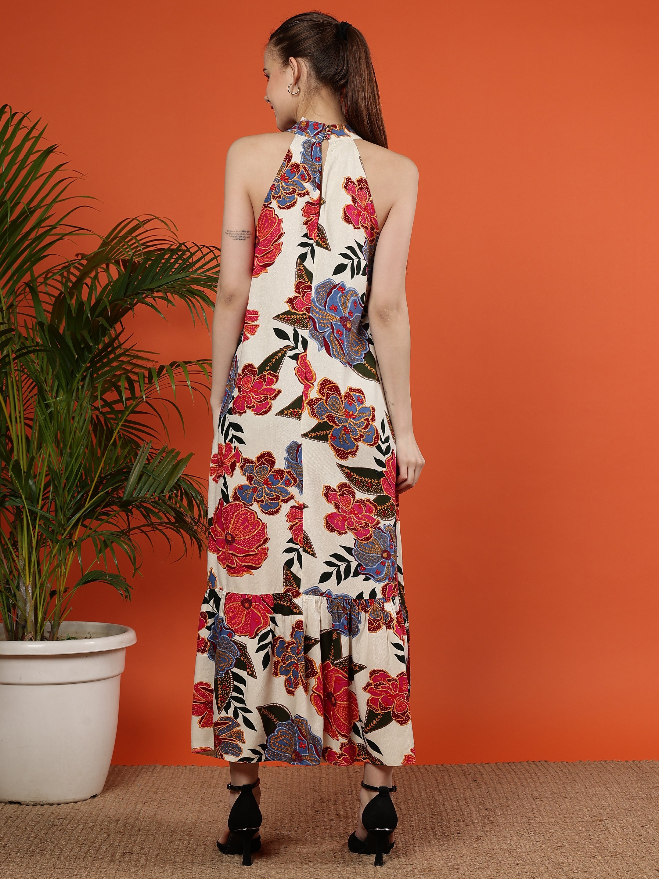 Floral Printed Halter Neck Maxi Viscose Dress Clothes