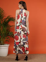 Floral Printed Halter Neck Maxi Viscose Dress Clothes
