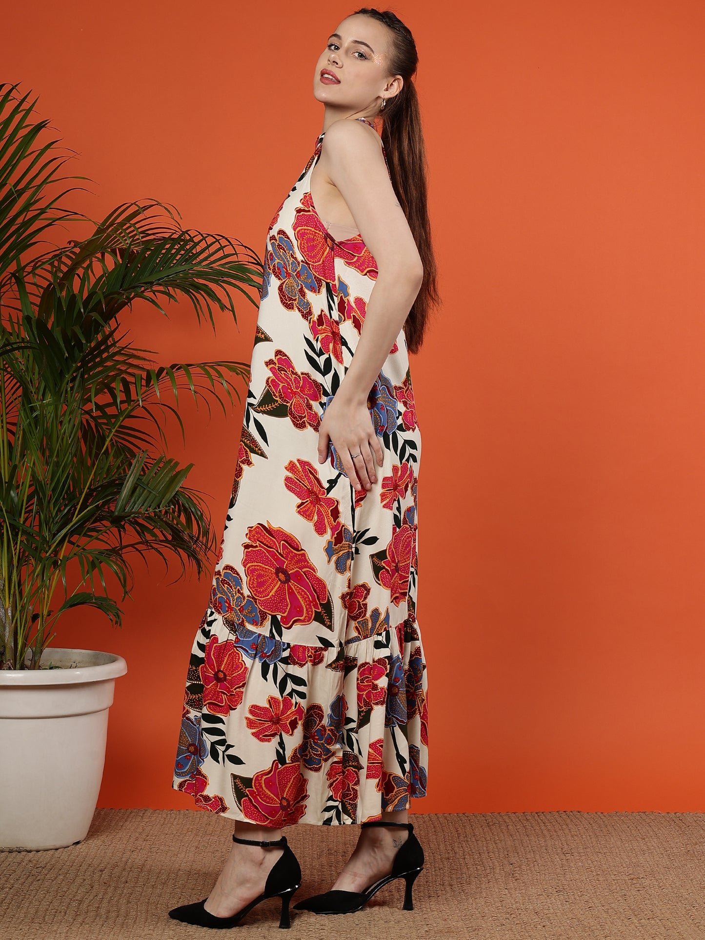 Floral Printed Halter Neck Maxi Viscose Dress Clothes