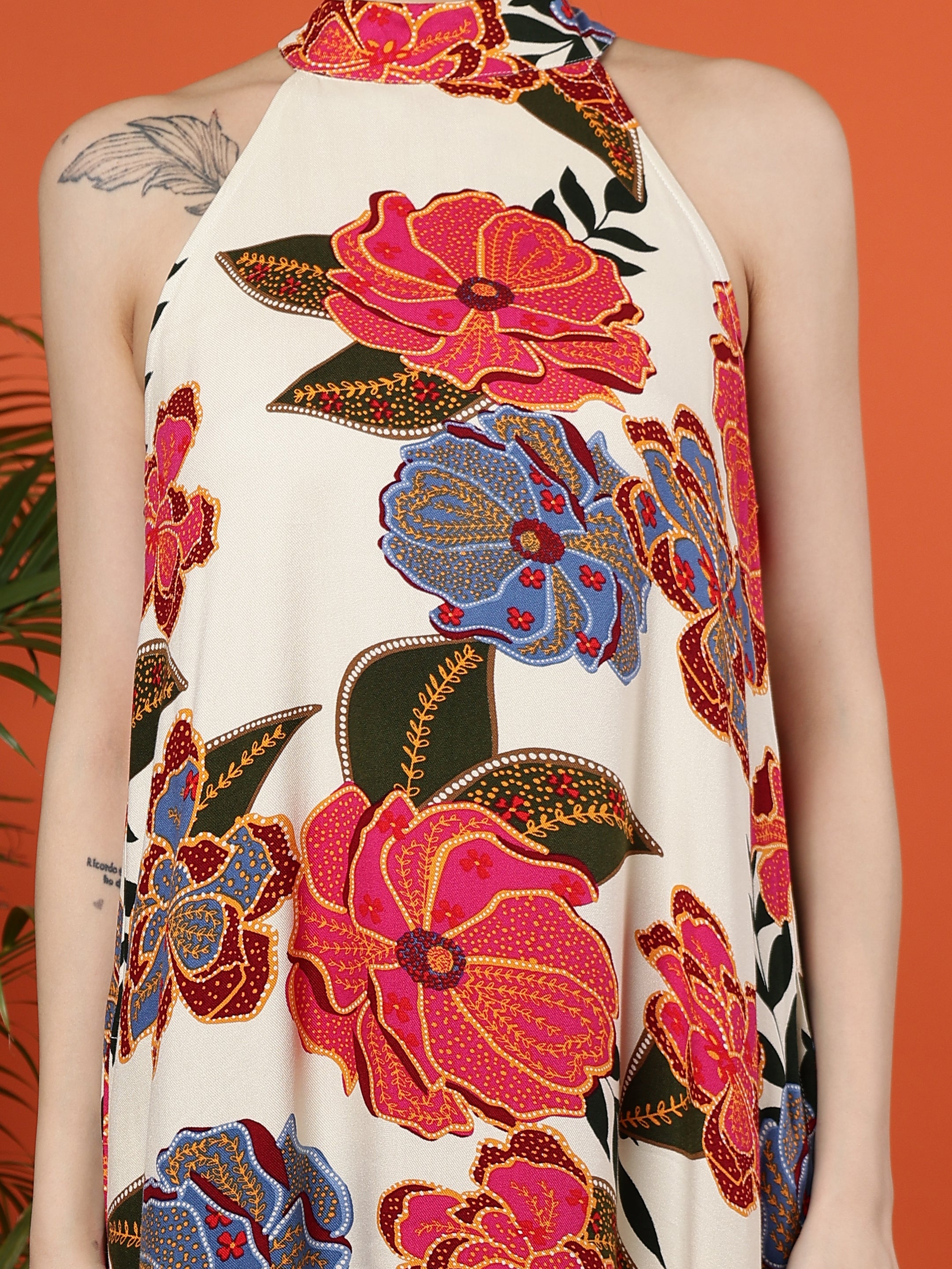 Floral Printed Halter Neck Maxi Viscose Dress Clothes