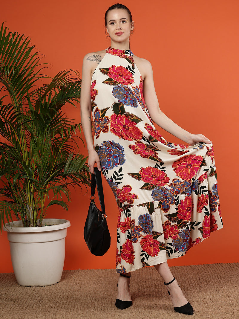 Floral Printed Halter Neck Maxi Viscose Dress Clothes