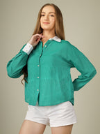 Contrast Collar Striped Button-Down Shirt