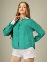 Contrast Collar Striped Button-Down Shirt