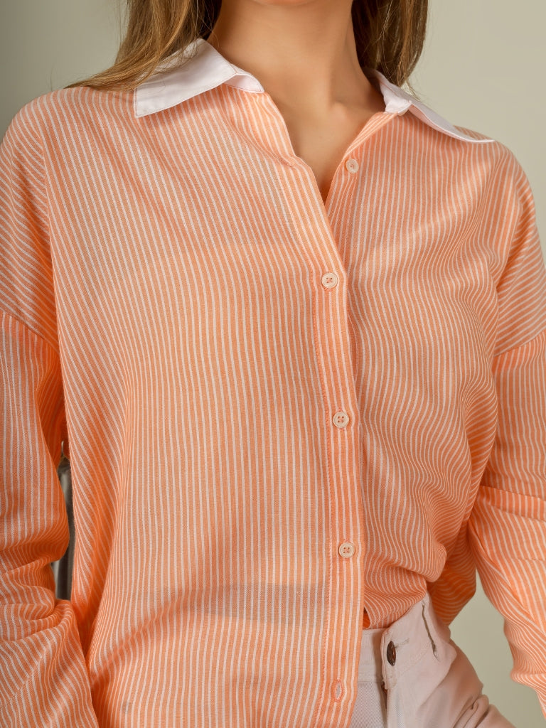 Contrast Collar Striped Button-Down Shirt