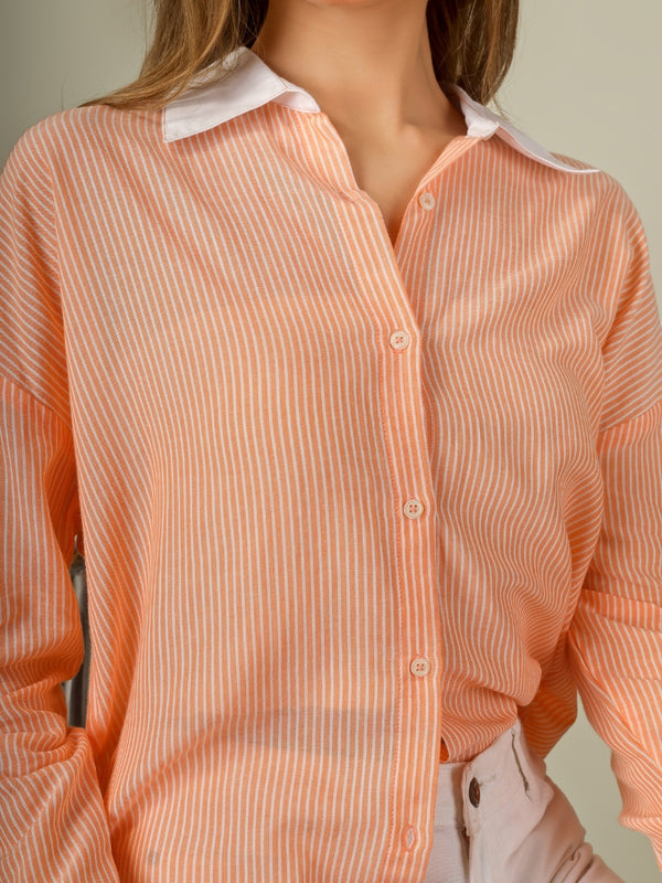 Contrast Collar Striped Button-Down Shirt