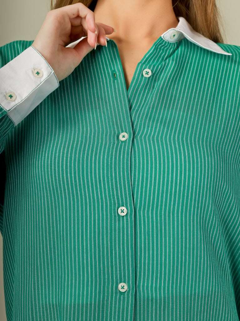 Contrast Collar Striped Button-Down Shirt