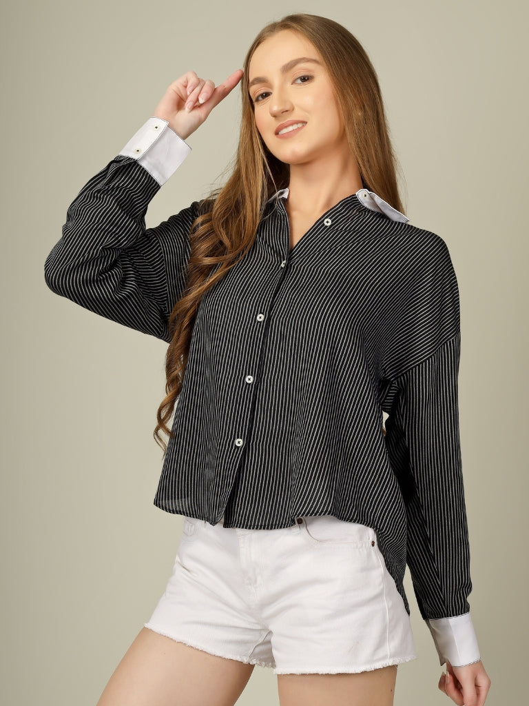 Contrast Collar Striped Button-Down Shirt - Queens Designs Pvt Ltd