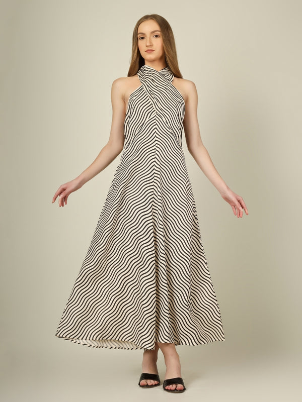 Monochrome Wave Halter Dress