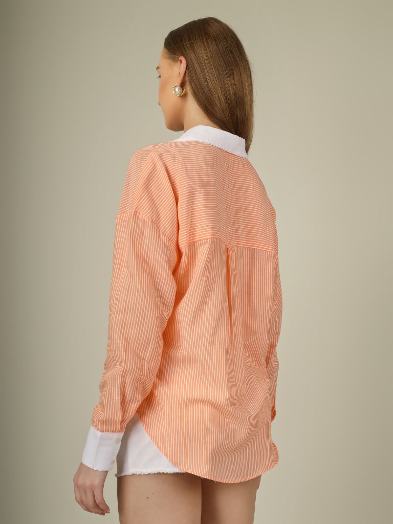 Contrast Collar Striped Button-Down Shirt