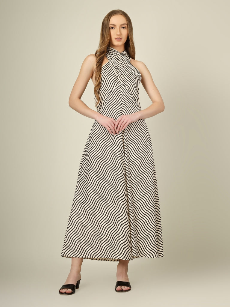 Monochrome Wave Halter Dress