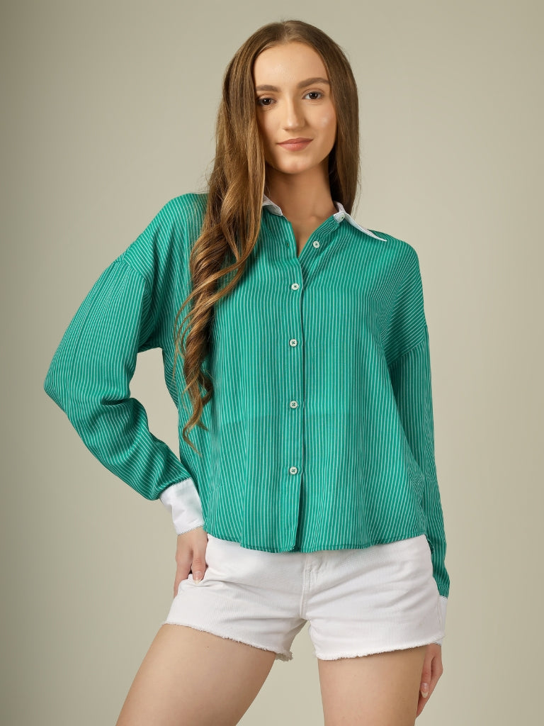 Contrast Collar Striped Button-Down Shirt