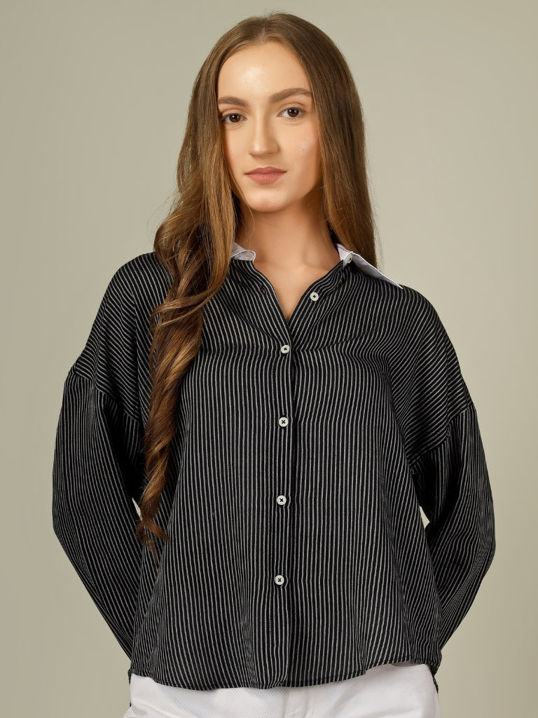 Contrast Collar Striped Button-Down Shirt