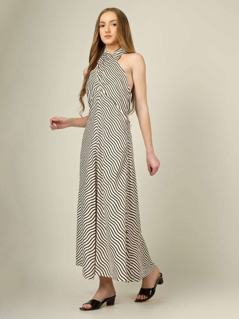 Monochrome Wave Halter Dress