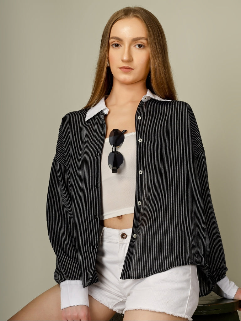 Contrast Collar Striped Button-Down Shirt
