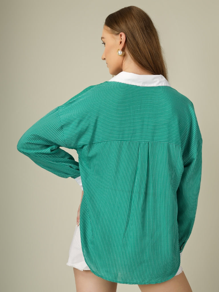 Contrast Collar Striped Button-Down Shirt