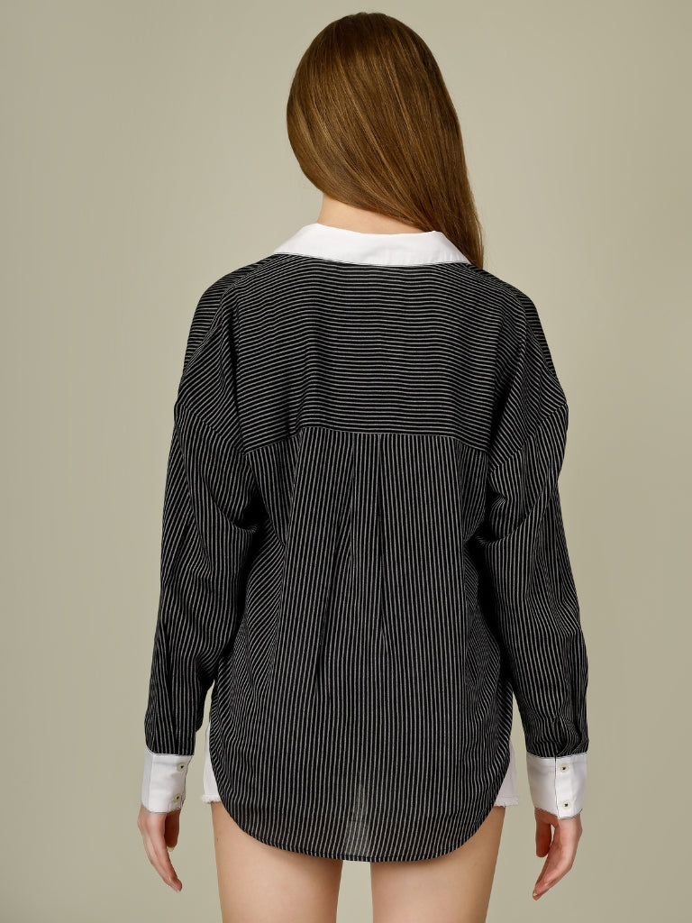Contrast Collar Striped Button-Down Shirt