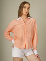 Contrast Collar Striped Button-Down Shirt