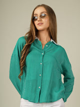 Contrast Collar Striped Button-Down Shirt