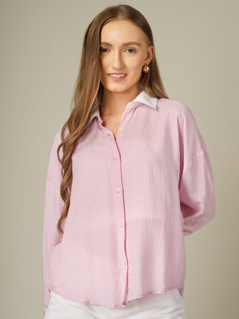 Contrast Collar Striped Button-Down Shirt