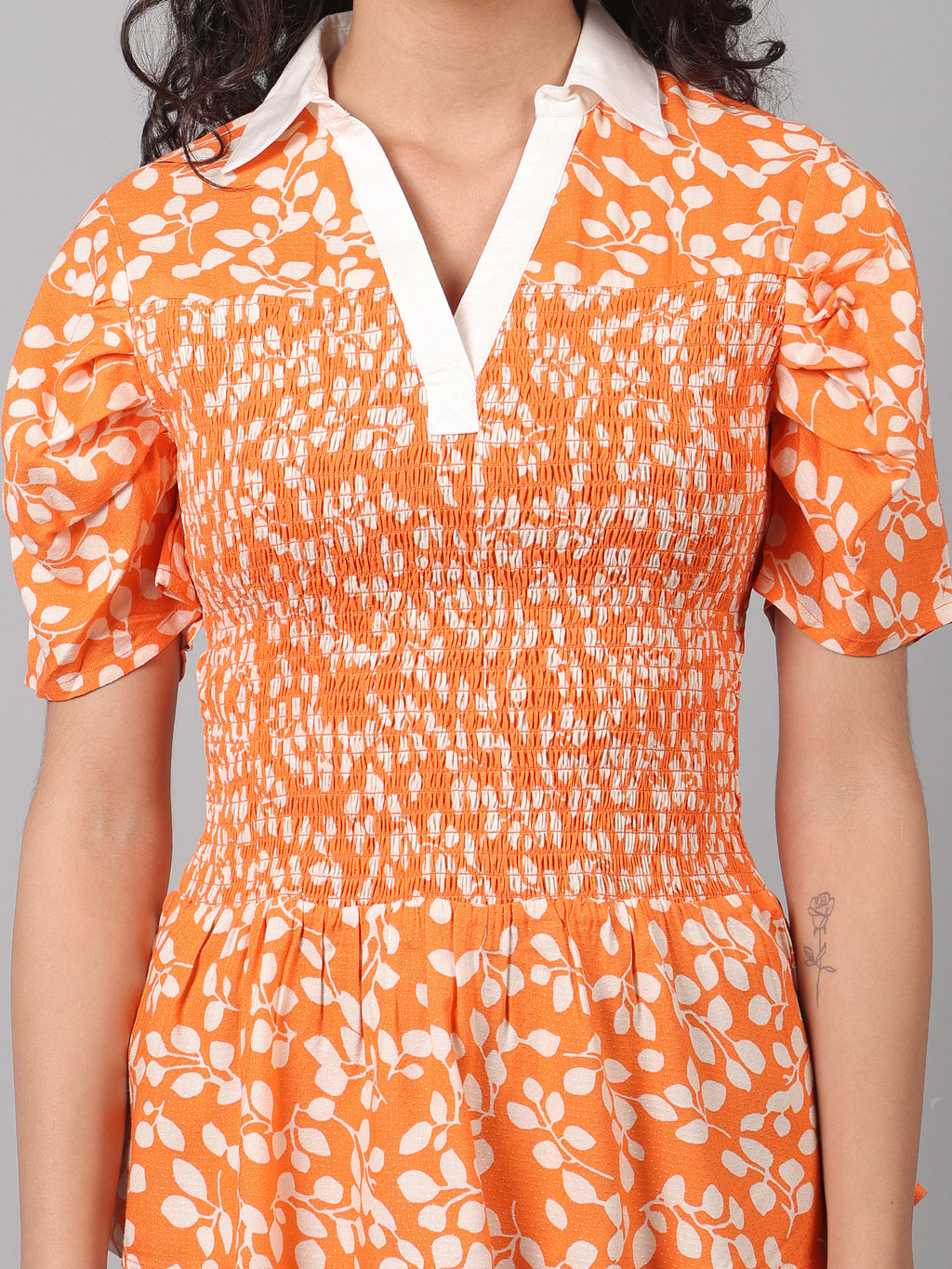 Floral Printed Summer Short Puff Sleeves Viscose Top - Marigold Orange
