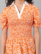 Floral Printed Summer Short Puff Sleeves Viscose Top - Marigold Orange
