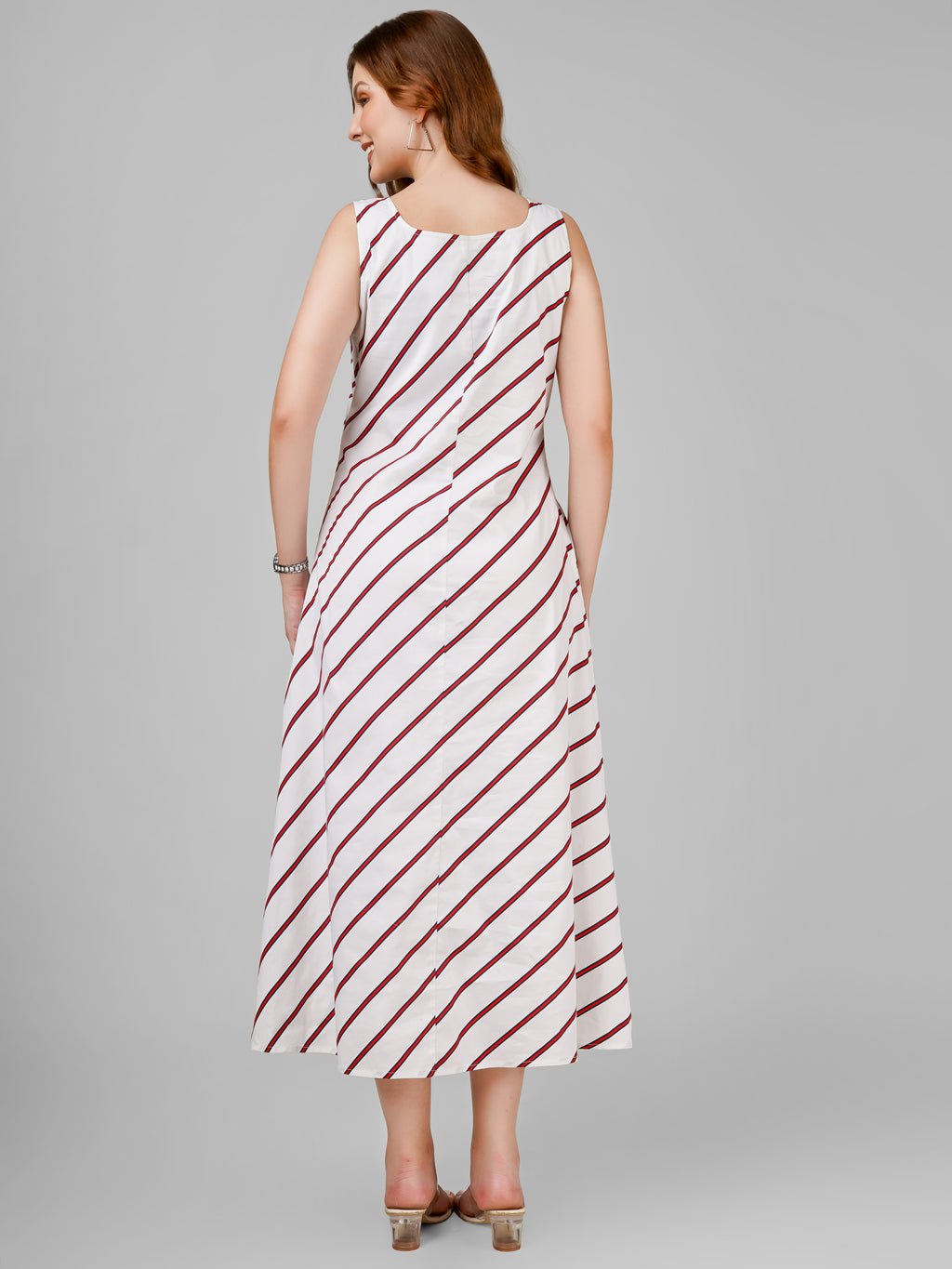 Crimson Striped Sleeveless Midi Dress