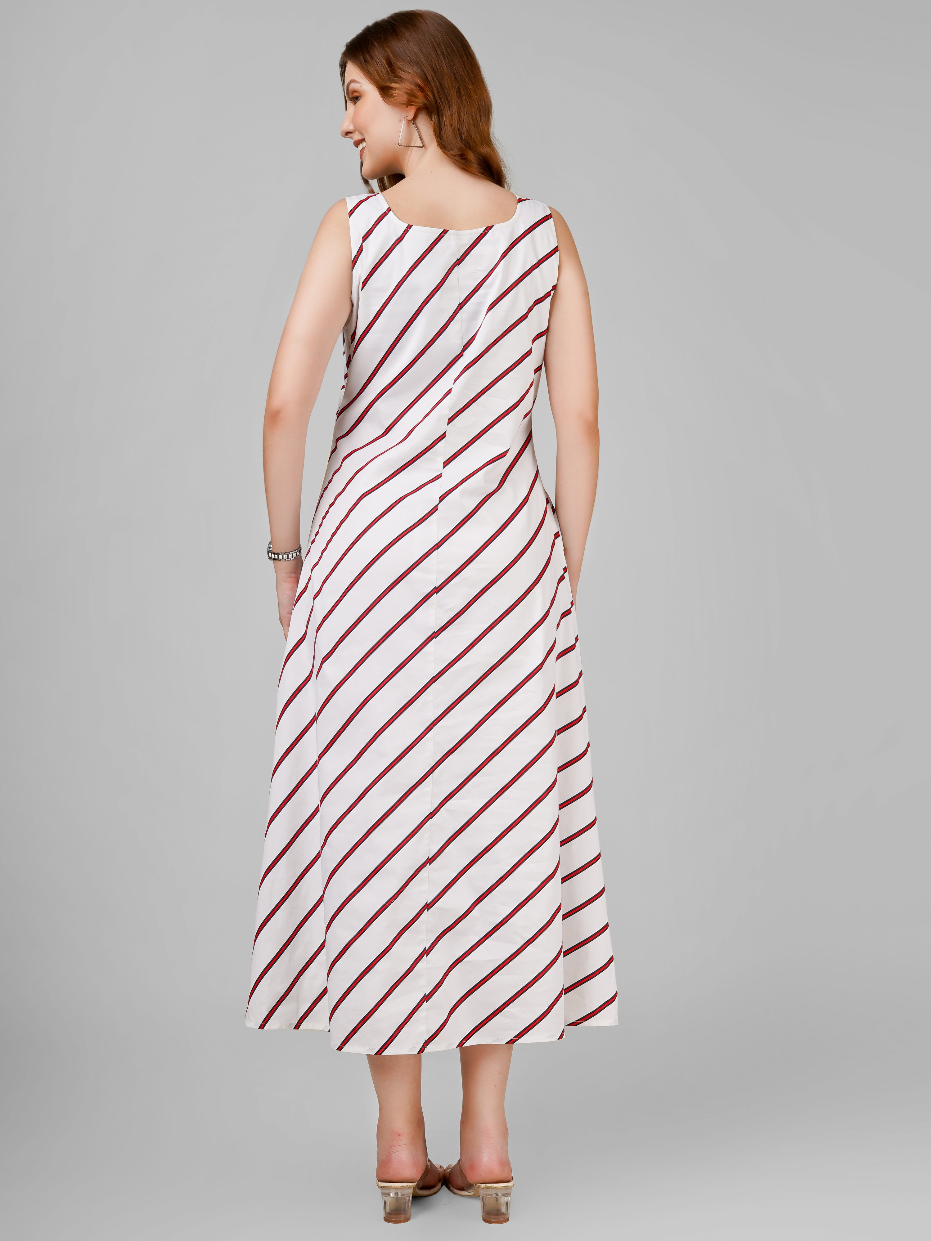 Crimson Striped Sleeveless Midi Dress