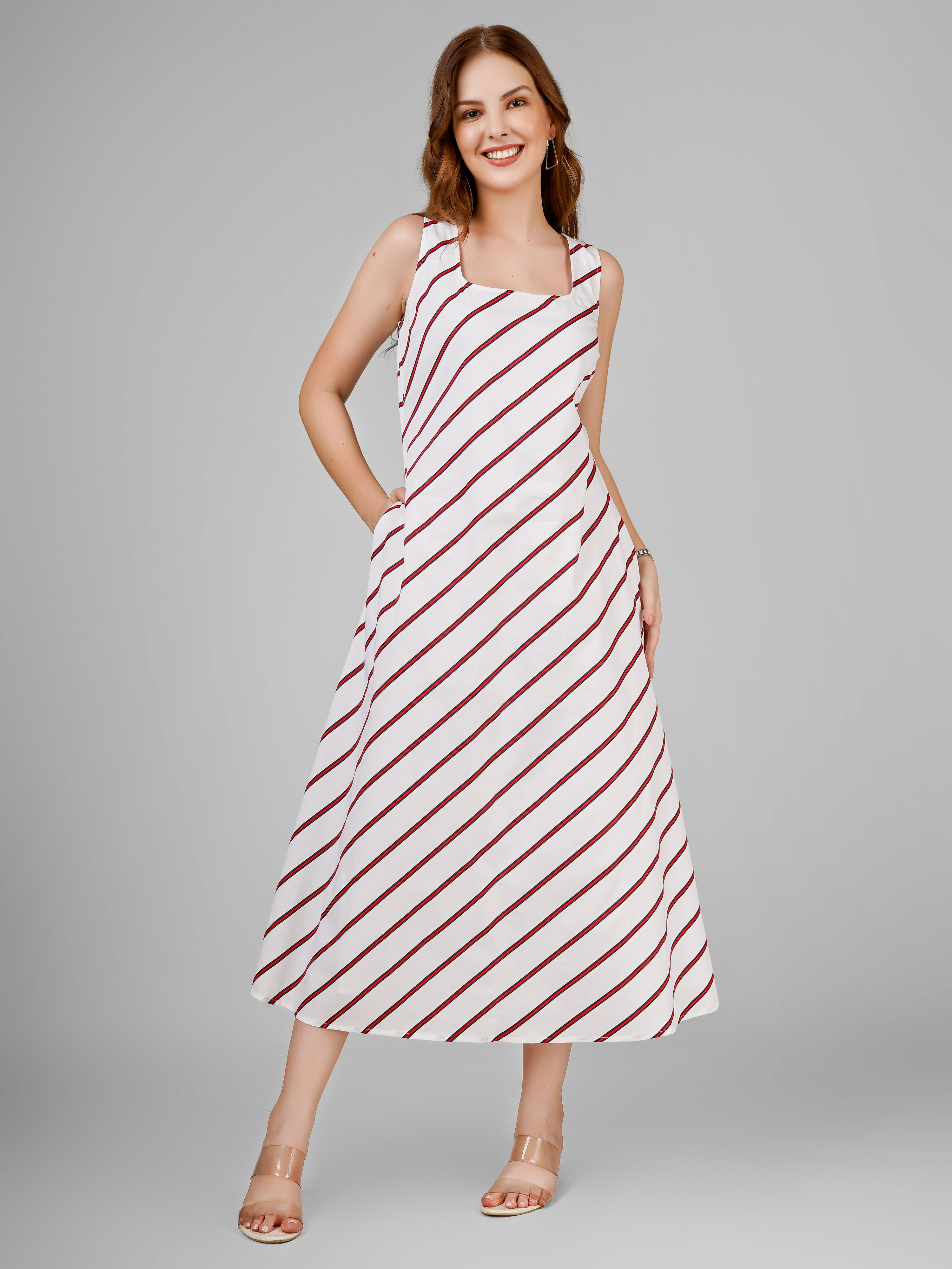 Crimson Striped Sleeveless Midi Dress