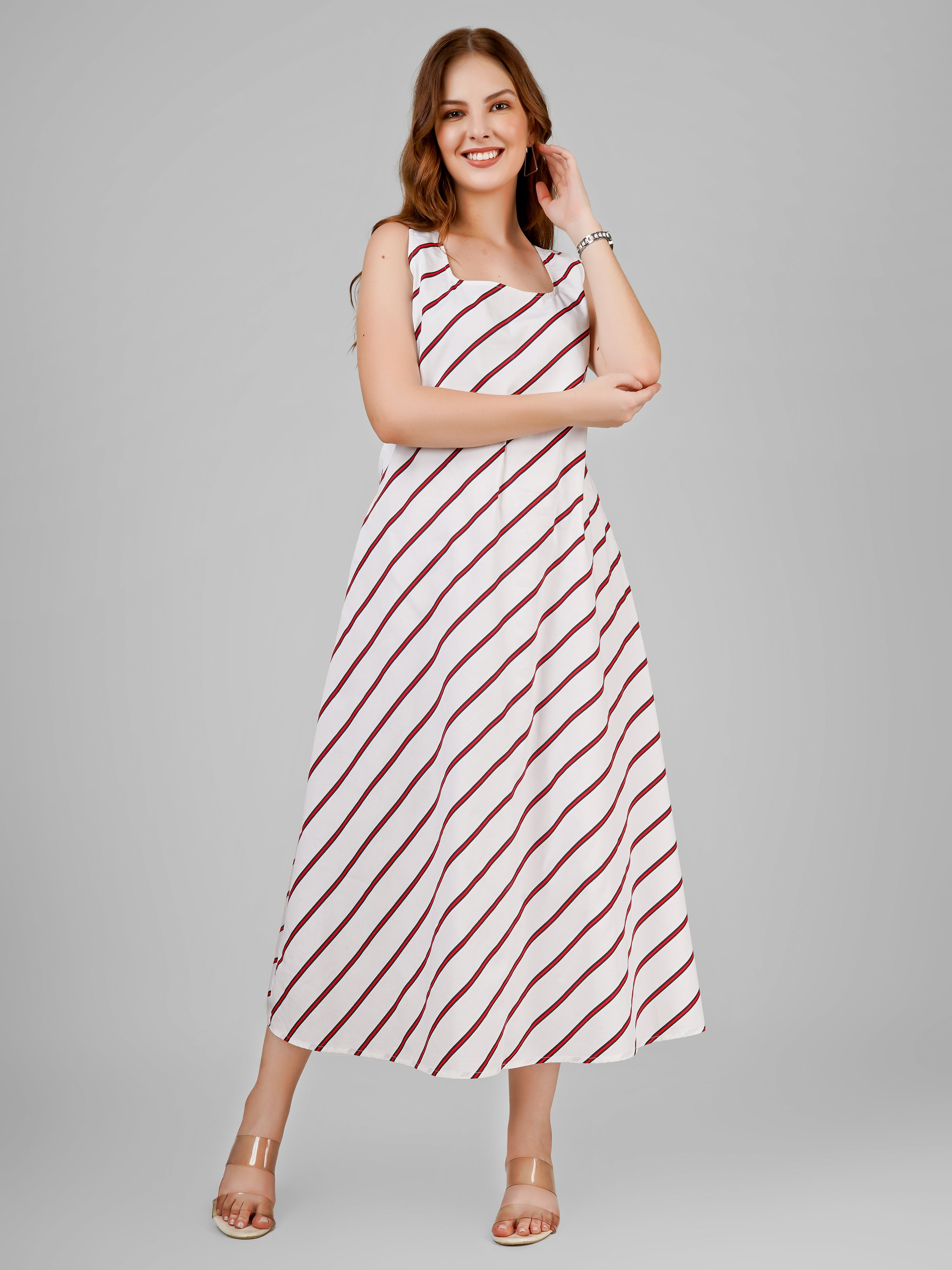 Crimson Striped Sleeveless Midi Dress