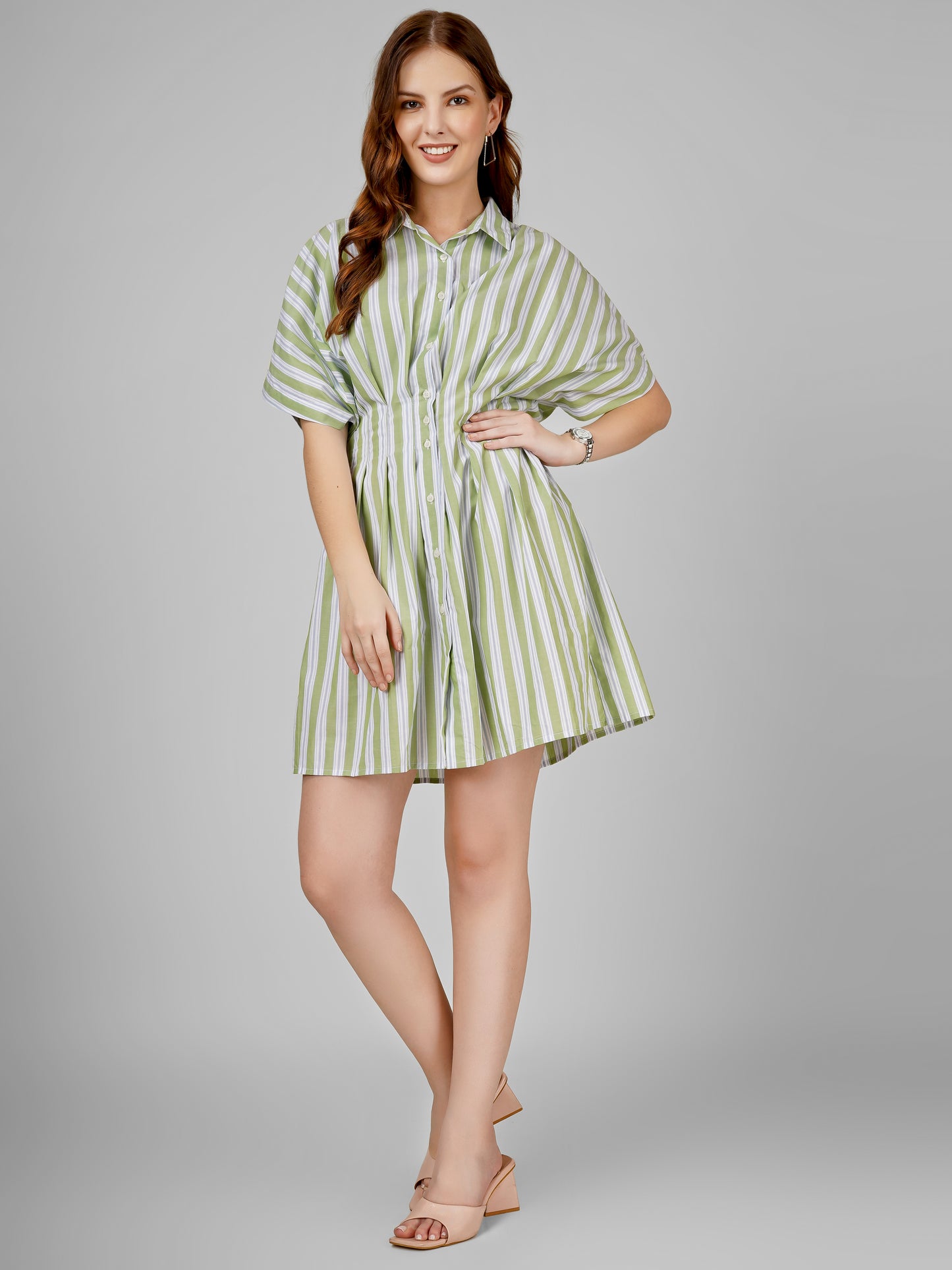 Sage Stripe Cinched Shirt Dress