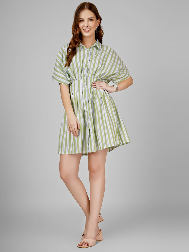 Sage Stripe Cinched Shirt Dress