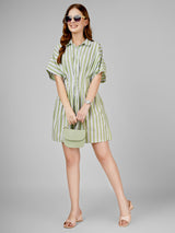 Sage Stripe Cinched Shirt Dress