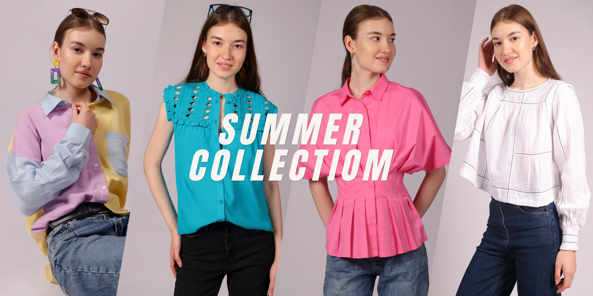 Four women wearing colorful summer clothing with 'Summer Collection' text on a gray background