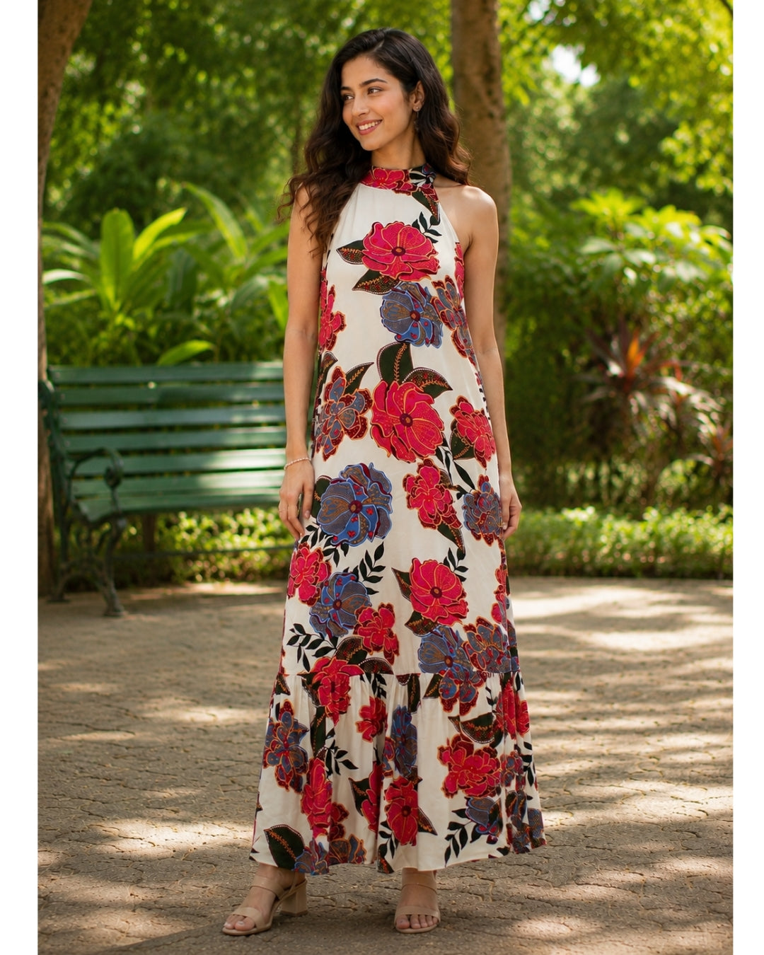 Birdsong Halter Maxi Dress in Fiesta Cream Floral Viscose