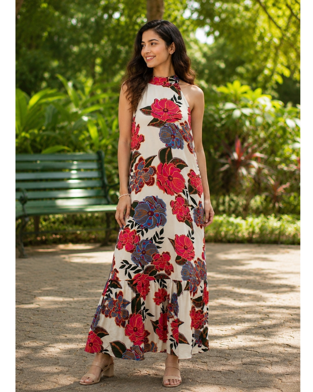 Birdsong Halter Maxi Dress in Fiesta Cream Floral Viscose