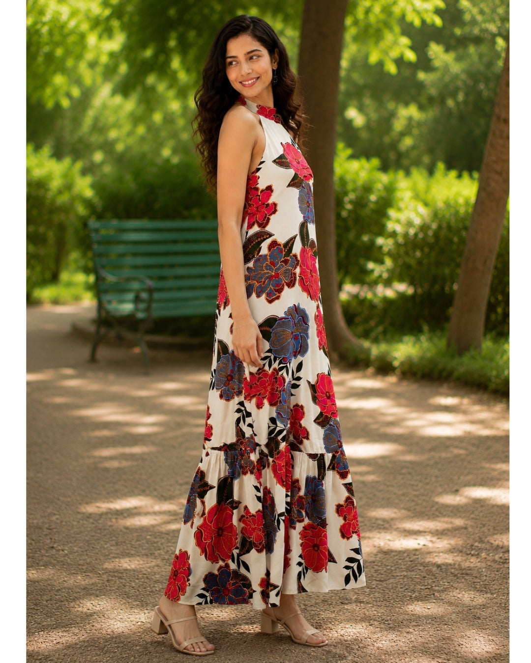 Birdsong Halter Maxi Dress in Fiesta Cream Floral Viscose