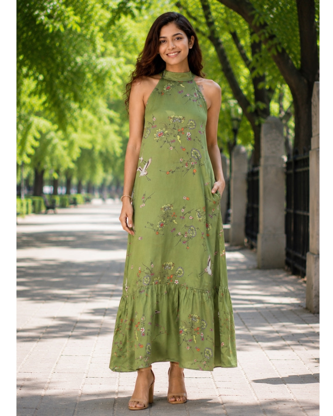 Birdsong Halter Maxi - Olive Bloom