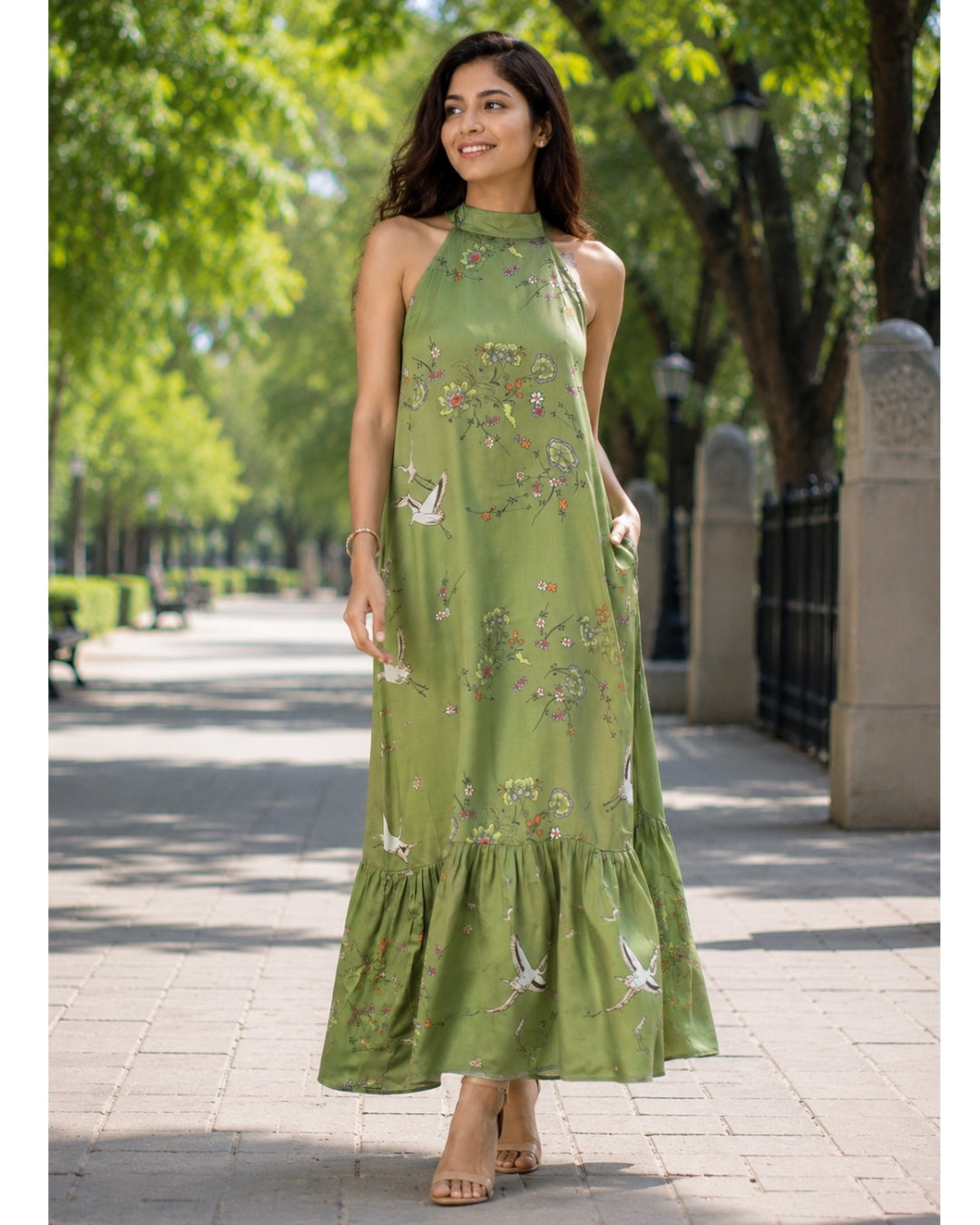 Birdsong Halter Maxi - Olive Bloom