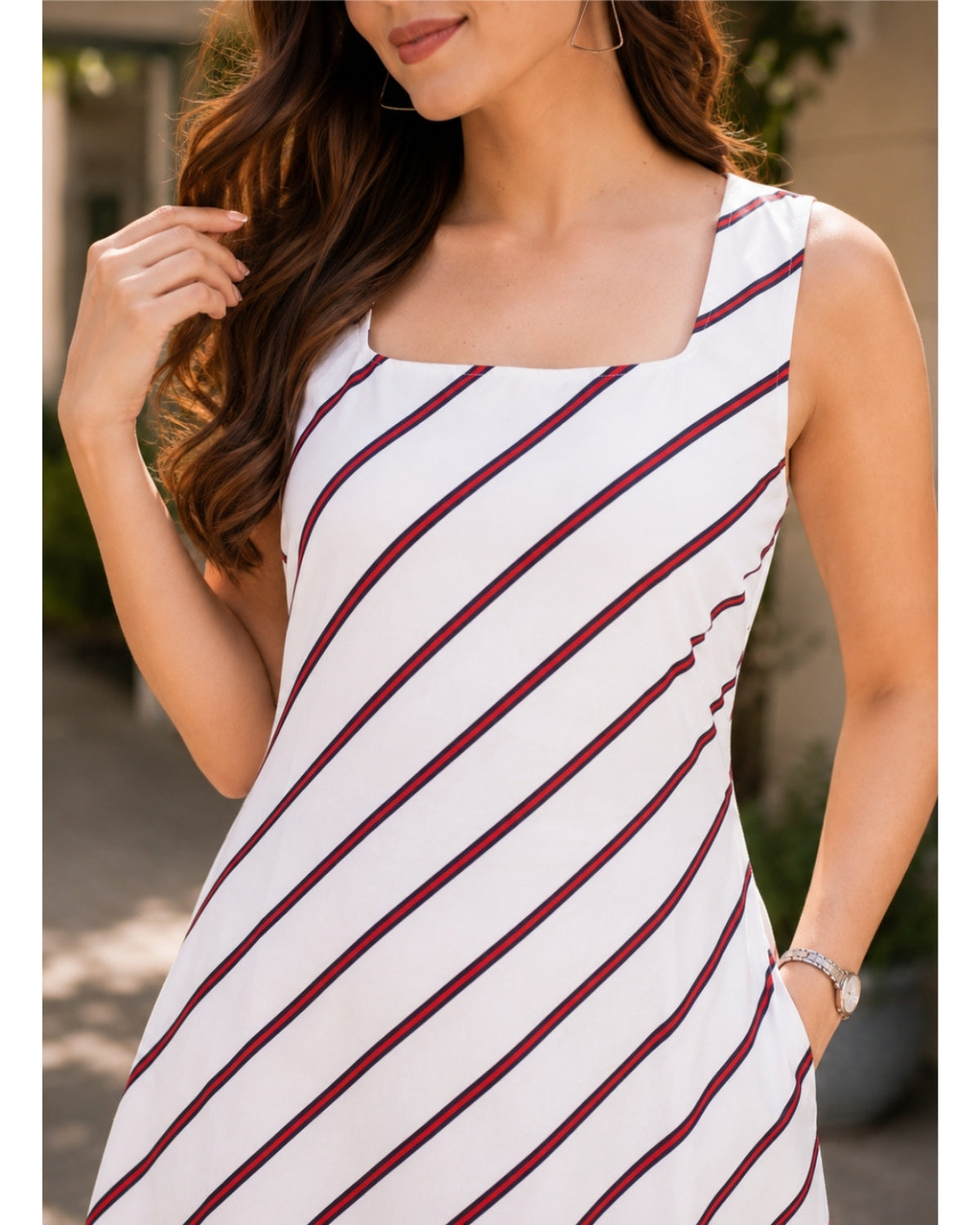 Crimson Striped Sleeveless Midi Dress