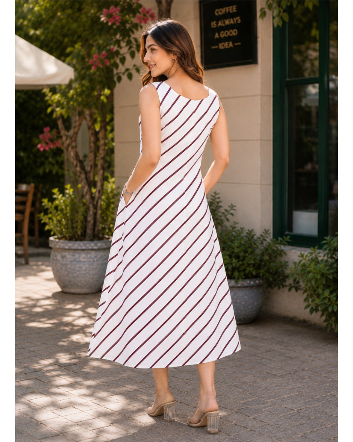 Crimson Striped Sleeveless Midi Dress