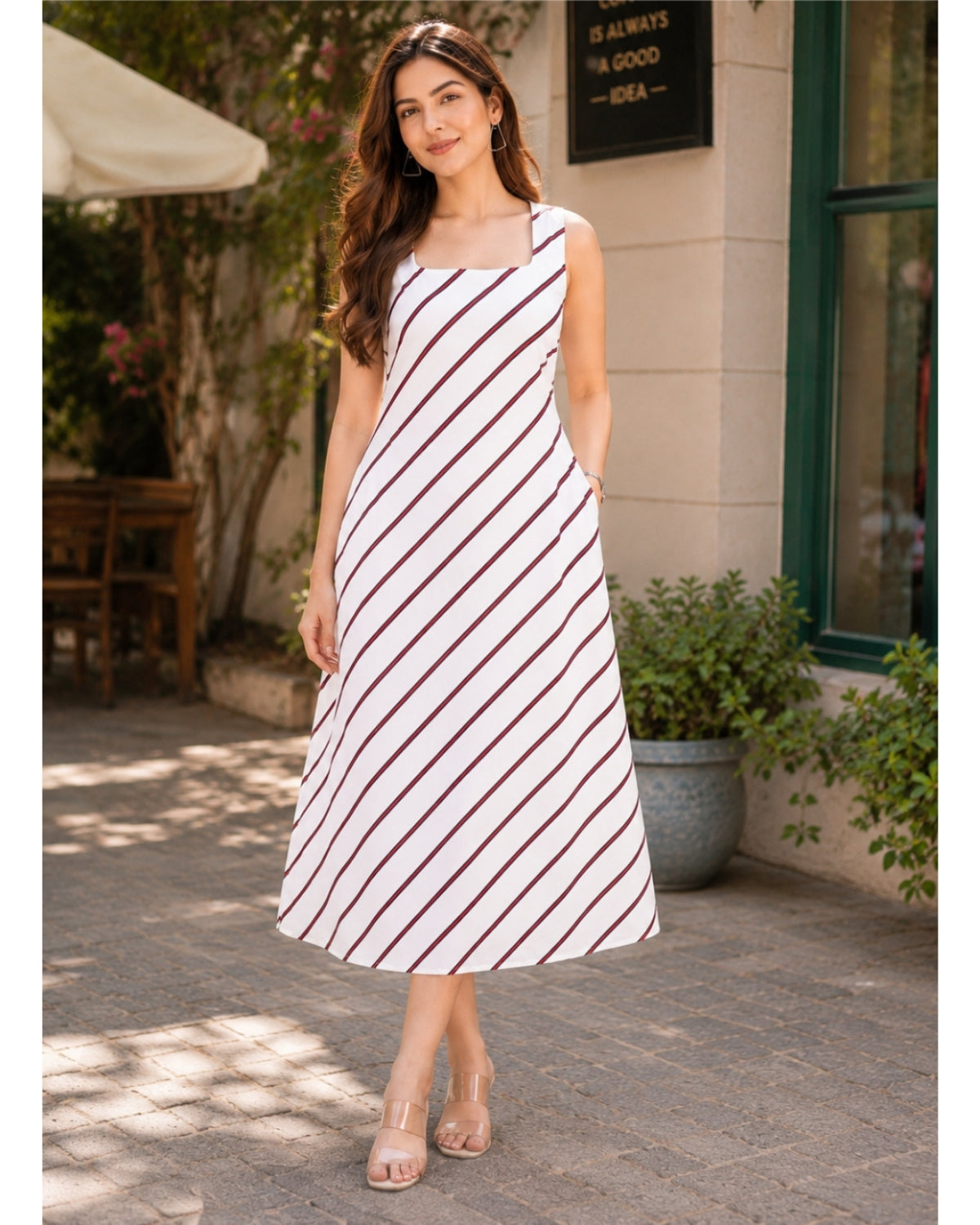 Crimson Striped Sleeveless Midi Dress