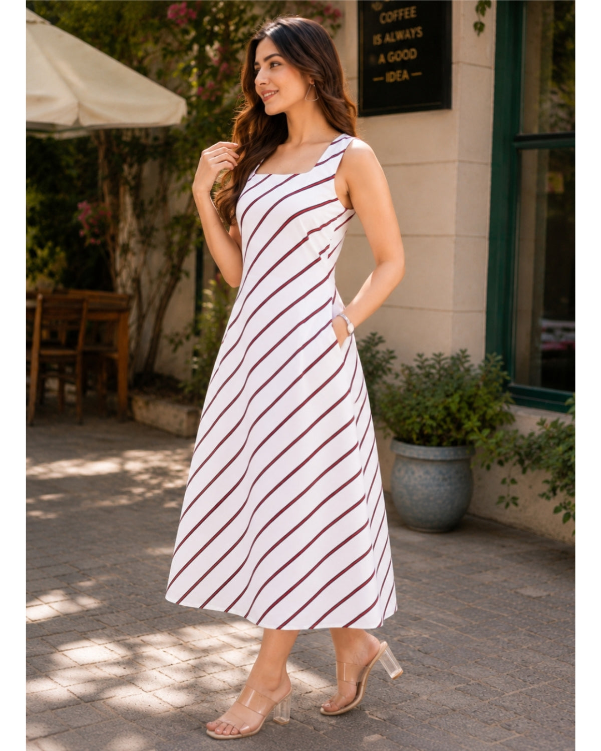 Crimson Striped Sleeveless Midi Dress